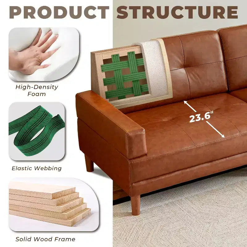 ATJafurn Canapé Moderne de Luxe en Cuir Marron de 240 cm Style Minimaliste et Moderne Cadre Robuste Surface Douce, Respirante et Facile à Nettoyer