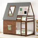 Luxystar Twin Size Wood House Bunk Bed with Roof, 2 Windows and Ladder, Oak and Grey