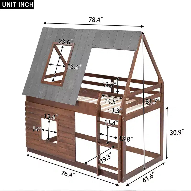 Lit superposé cabane en bois Luxystar avec toit, 2 fenêtres et échelle, chêne et gris