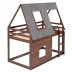 Lit superposé cabane en bois Luxystar avec toit, 2 fenêtres et échelle, chêne et gris