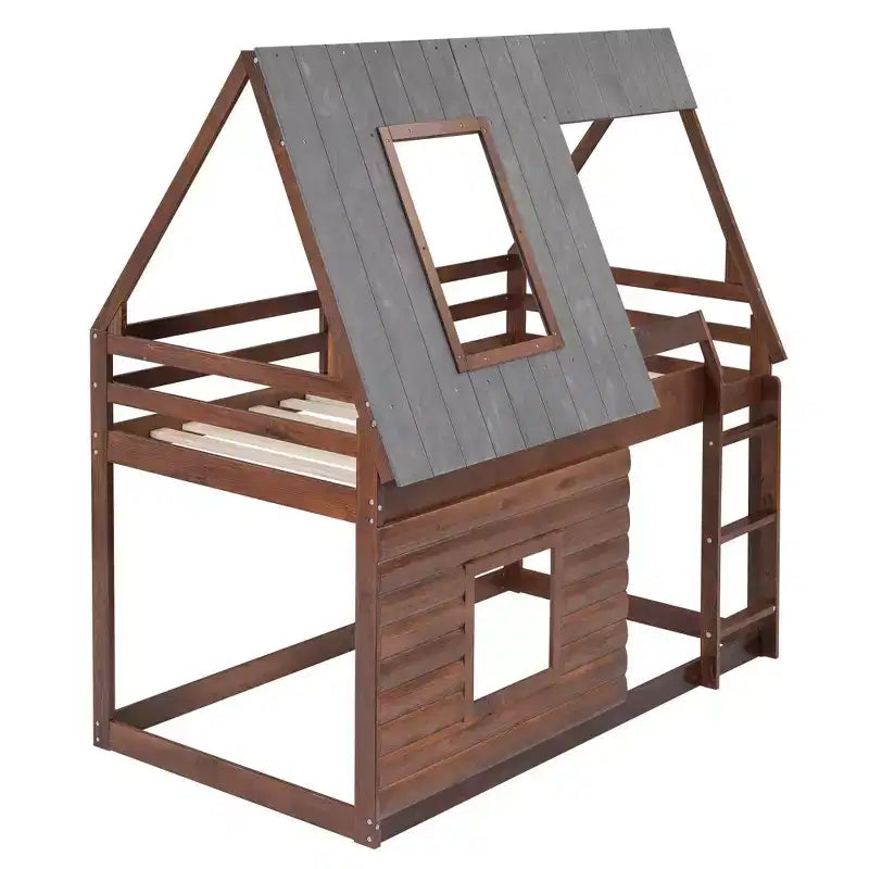 Lit superposé cabane en bois Luxystar avec toit, 2 fenêtres et échelle, chêne et gris
