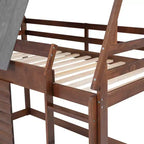 Lit superposé cabane en bois Luxystar avec toit, 2 fenêtres et échelle, chêne et gris