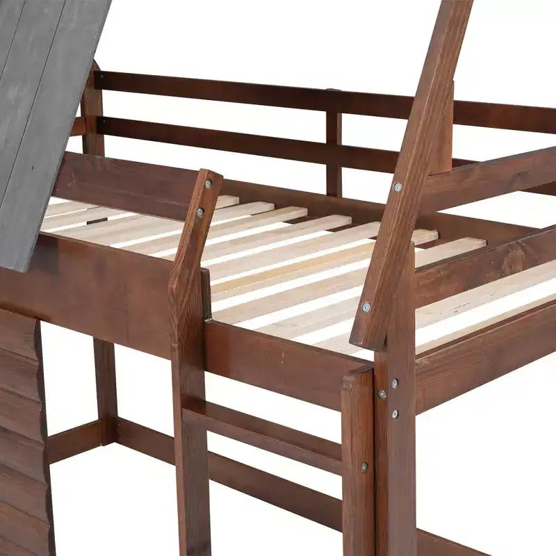 Lit superposé cabane en bois Luxystar avec toit, 2 fenêtres et échelle, chêne et gris