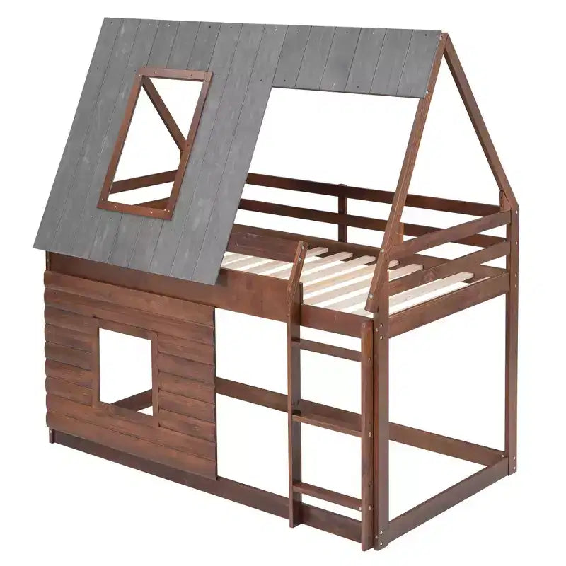 Lit superposé cabane en bois Luxystar avec toit, 2 fenêtres et échelle, chêne et gris