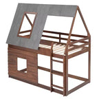 Lit superposé cabane en bois Luxystar avec toit, 2 fenêtres et échelle, chêne et gris