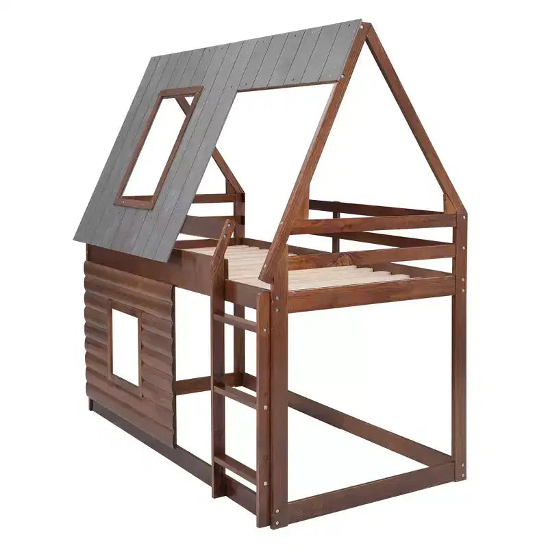 Lit superposé cabane en bois Luxystar avec toit, 2 fenêtres et échelle, chêne et gris