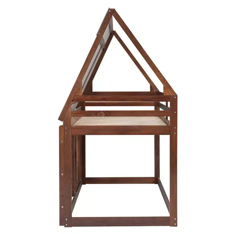 Lit superposé cabane en bois Luxystar avec toit, 2 fenêtres et échelle, chêne et gris