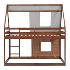 Lit superposé cabane en bois Luxystar avec toit, 2 fenêtres et échelle, chêne et gris