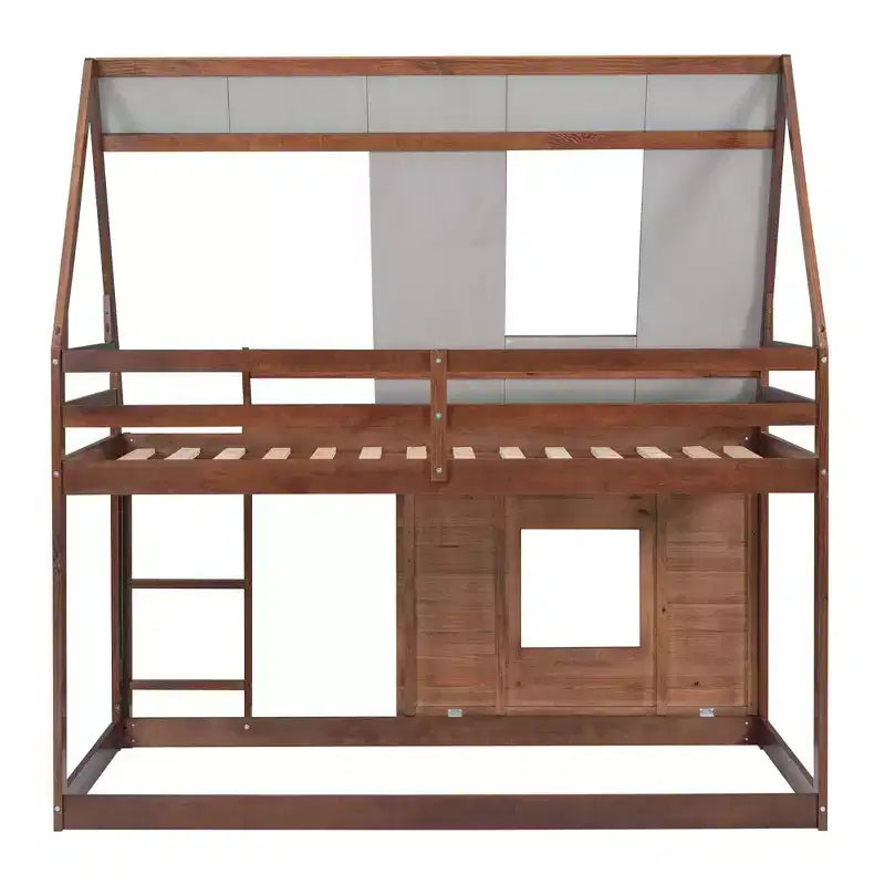 Lit superposé cabane en bois Luxystar avec toit, 2 fenêtres et échelle, chêne et gris