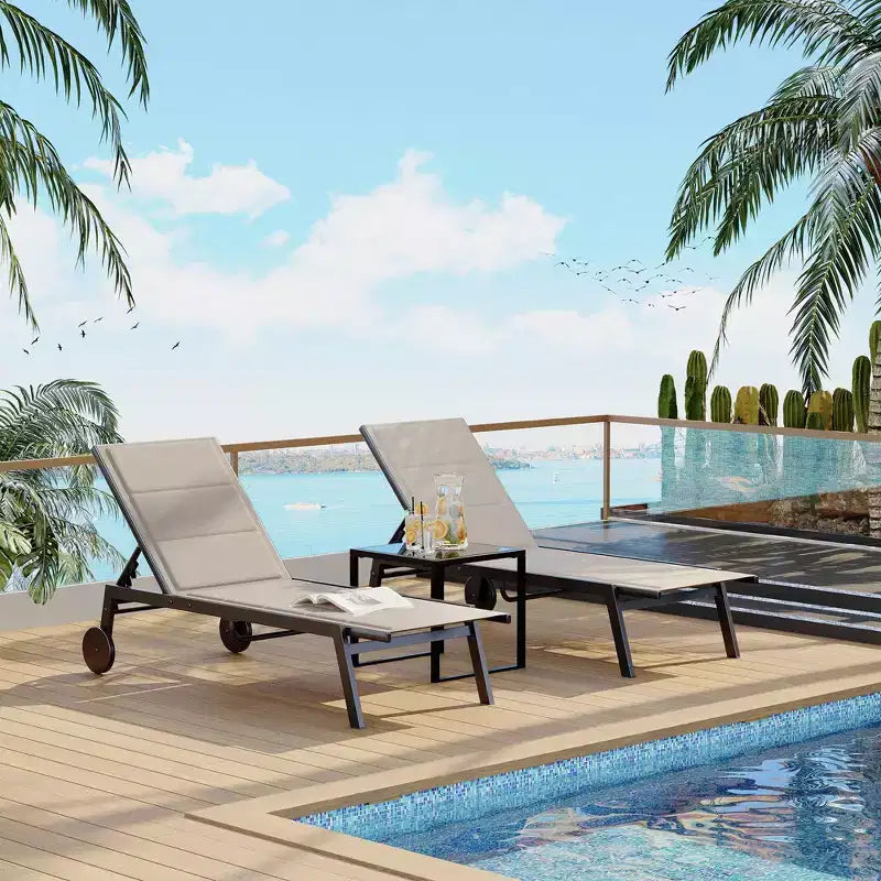 2 chaises longues de patio en textile avec table d'appoint, ensemble de chaises longues d'extérieur, chaise longue de piscine avec dossier réglable sur 5 niveaux, chaise de bronzage pour piscine, jardin, plage