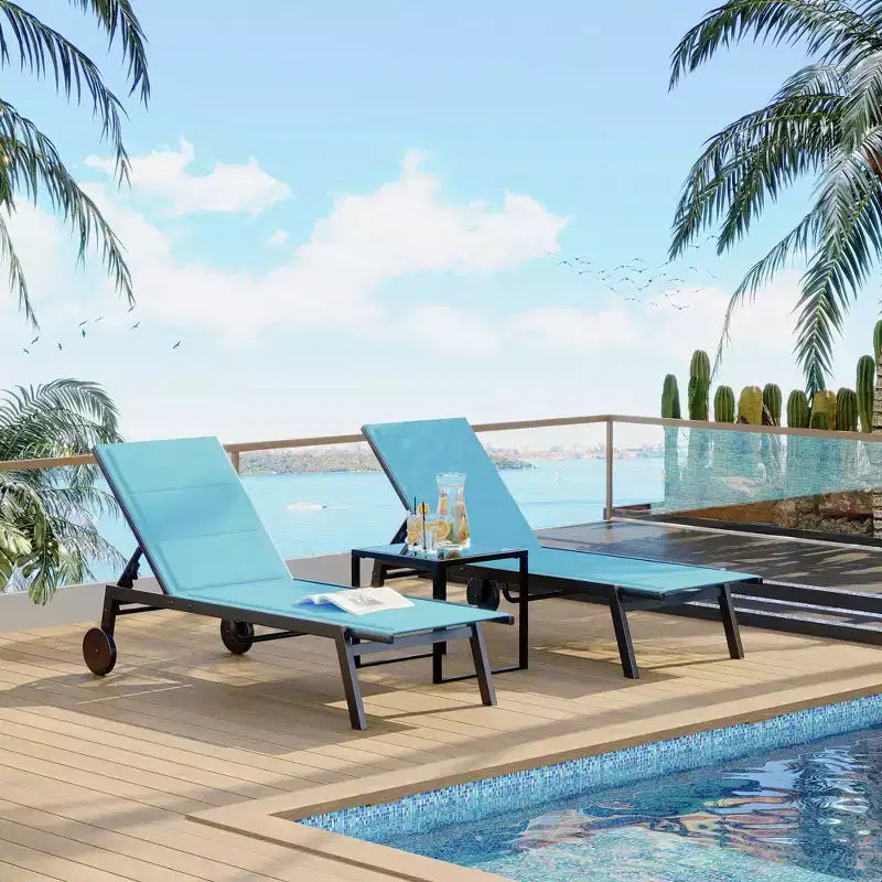 2 chaises longues de patio en textile avec table d'appoint, ensemble de chaises longues d'extérieur, chaise longue de piscine avec dossier réglable sur 5 niveaux, chaise de bronzage pour piscine, jardin, plage