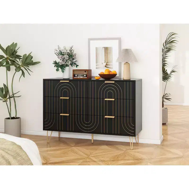 Commode à 6 tiroirs pour chambre à coucher, commode en bois à 6 tiroirs avec poignées métalliques, commode de rangement au design incurvé pour bureau à domicile, salon, chambre à coucher noire