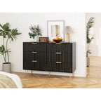 Commode à 6 tiroirs pour chambre à coucher, commode en bois à 6 tiroirs avec poignées métalliques, commode de rangement au design incurvé pour bureau à domicile, salon, chambre à coucher noire