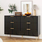 Commode à 6 tiroirs pour chambre à coucher, commode en bois à 6 tiroirs avec poignées métalliques, commode de rangement au design incurvé pour bureau à domicile, salon, chambre à coucher noire