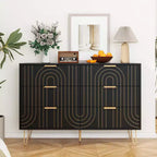 Commode à 6 tiroirs pour chambre à coucher, commode en bois à 6 tiroirs avec poignées métalliques, commode de rangement au design incurvé pour bureau à domicile, salon, chambre à coucher noire
