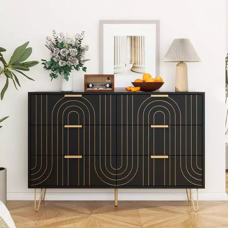 Commode à 6 tiroirs pour chambre à coucher, commode en bois à 6 tiroirs avec poignées métalliques, commode de rangement au design incurvé pour bureau à domicile, salon, chambre à coucher noire