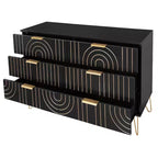 Commode à 6 tiroirs pour chambre à coucher, commode en bois à 6 tiroirs avec poignées métalliques, commode de rangement au design incurvé pour bureau à domicile, salon, chambre à coucher noire