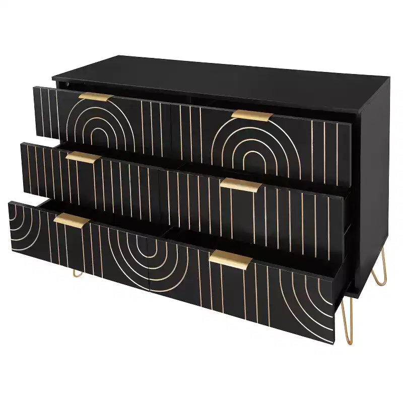 Commode à 6 tiroirs pour chambre à coucher, commode en bois à 6 tiroirs avec poignées métalliques, commode de rangement au design incurvé pour bureau à domicile, salon, chambre à coucher noire