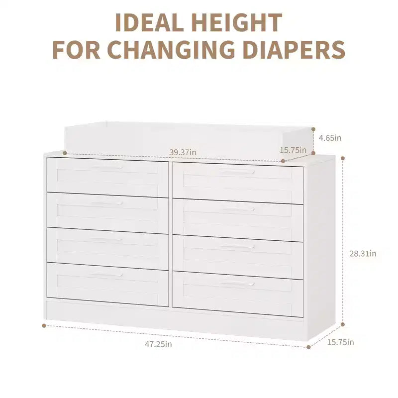 Commode à langer blanche avec 8 tiroirs en bois, commode de chambre de bébé classique, station à langer multifonctionnelle, commode pour chambre à coucher (sans matelas)