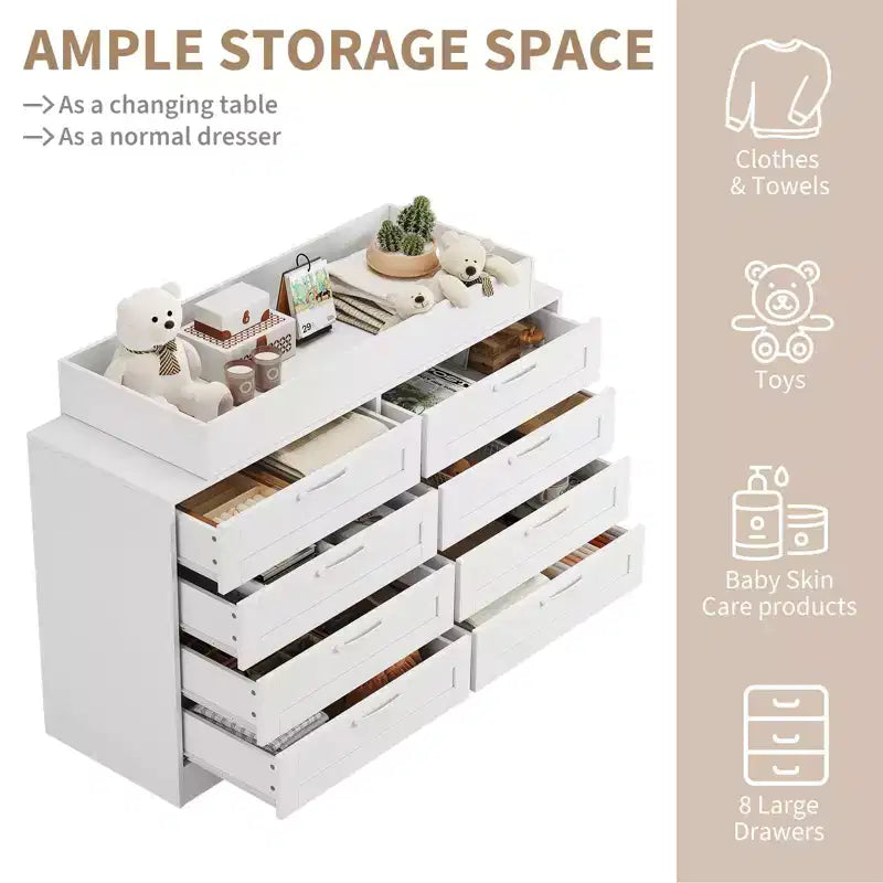 Commode à langer blanche avec 8 tiroirs en bois, commode de chambre de bébé classique, station à langer multifonctionnelle, commode pour chambre à coucher (sans matelas)