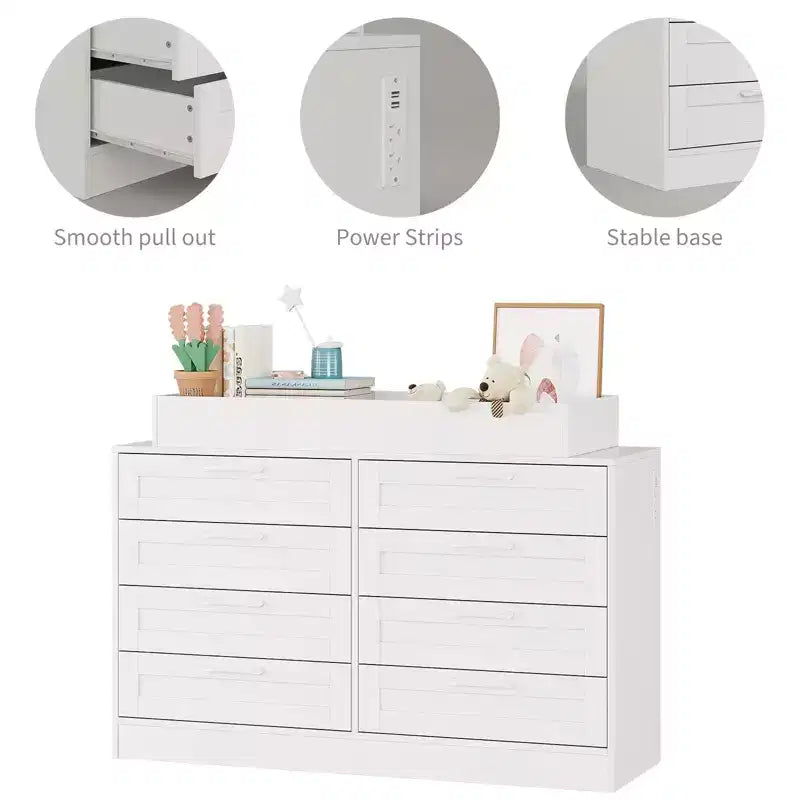 Commode à langer blanche avec 8 tiroirs en bois, commode de chambre de bébé classique, station à langer multifonctionnelle, commode pour chambre à coucher (sans matelas)