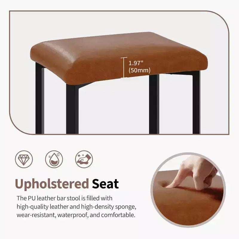 Lot de 2 tabourets de bar à 24 pouces avec repose-pieds, tabourets de bar sans dossier hauteur comptoir avec cadre métallique, sièges rembourrés en cuir PU, tabourets de cuisine modernes