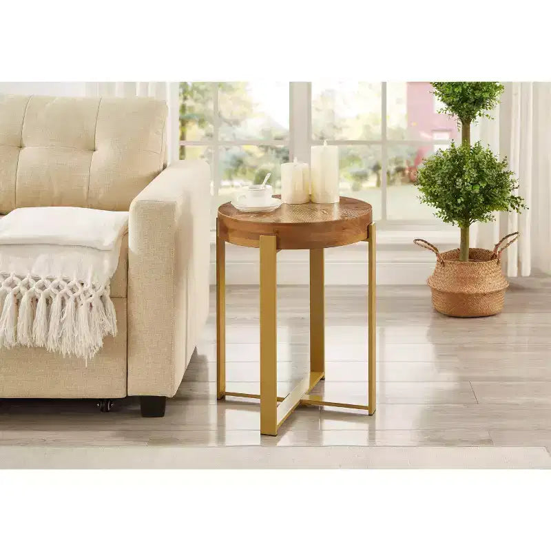 EHMKNP 16 Table d'appoint ronde rustique en bois de style ferme avec pieds en métal