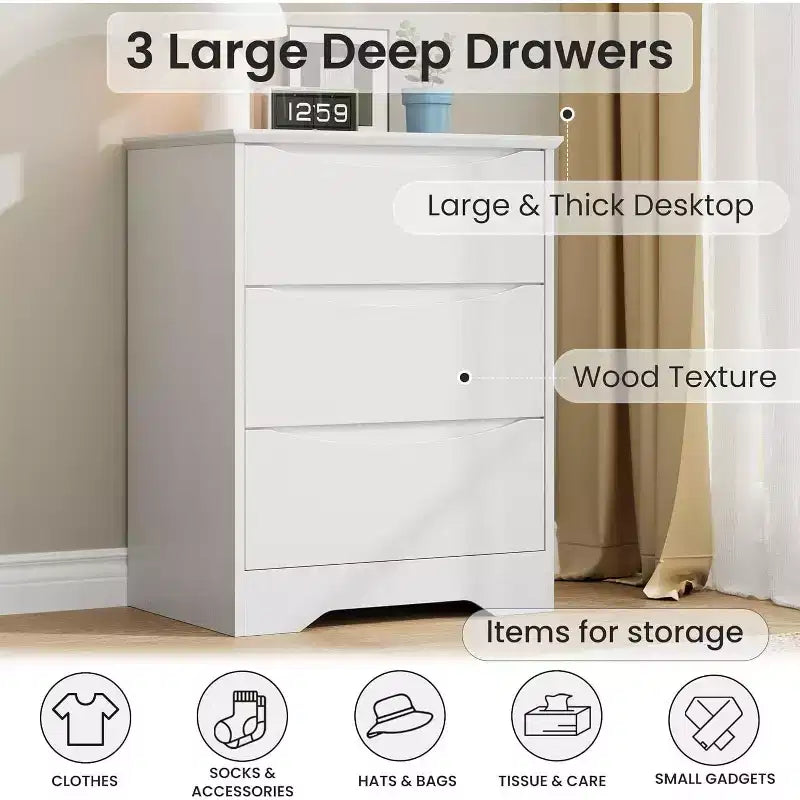 Commode en bois à 3 tiroirs, armoire haute moderne avec rangement profond, grande commode à tiroirs avec plateau large, commode longue de rangement pour chambre à coucher
