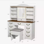 Coiffeuse Acekool avec miroir et lumières réglables, ensemble de table de maquillage avec chaise, 10 tiroirs, 10 étagères et prise de courant pour chambre à coucher