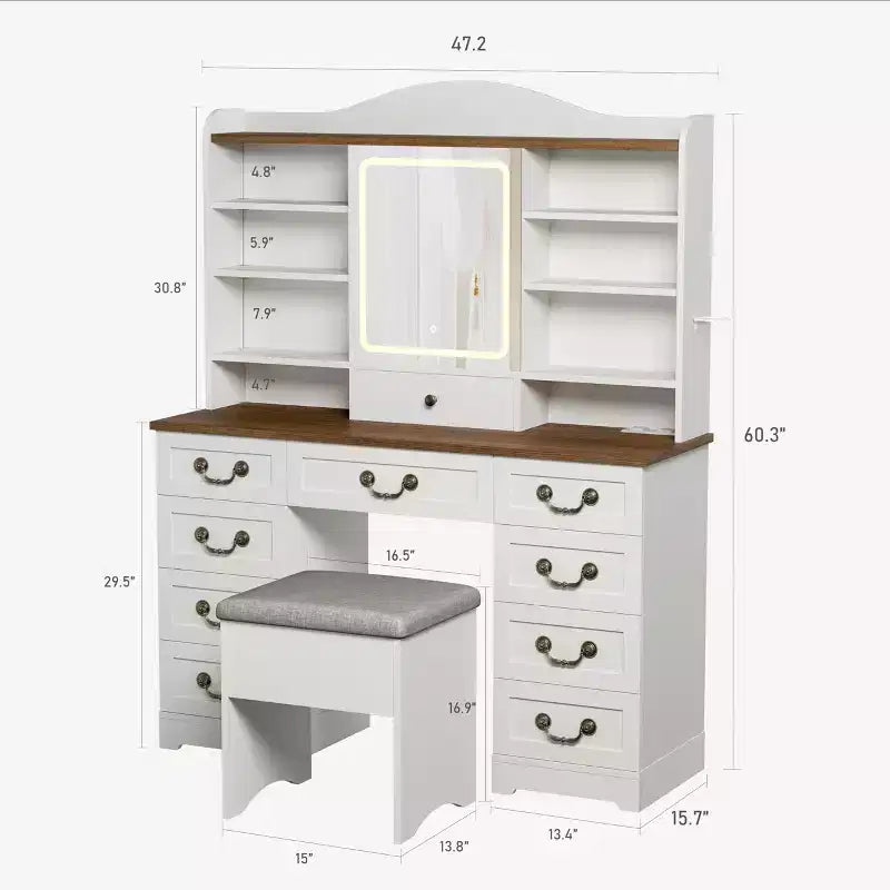Coiffeuse Acekool avec miroir et lumières réglables, ensemble de table de maquillage avec chaise, 10 tiroirs, 10 étagères et prise de courant pour chambre à coucher