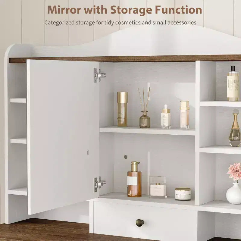 Coiffeuse Acekool avec miroir et lumières réglables, ensemble de table de maquillage avec chaise, 10 tiroirs, 10 étagères et prise de courant pour chambre à coucher