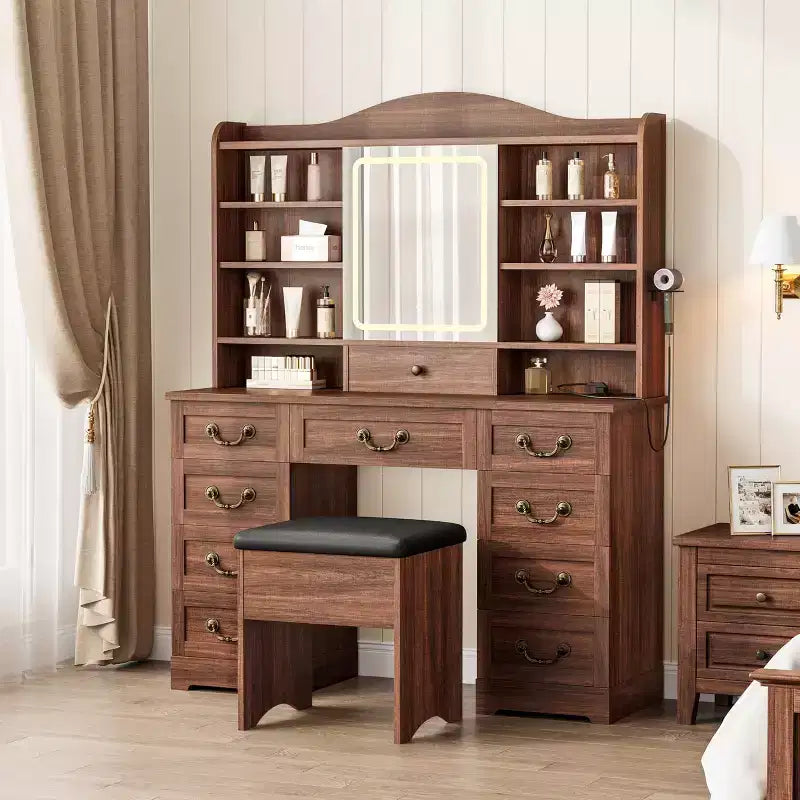 Coiffeuse Acekool avec miroir et lumières réglables, ensemble de table de maquillage avec chaise, 10 tiroirs, 10 étagères et prise de courant pour chambre à coucher