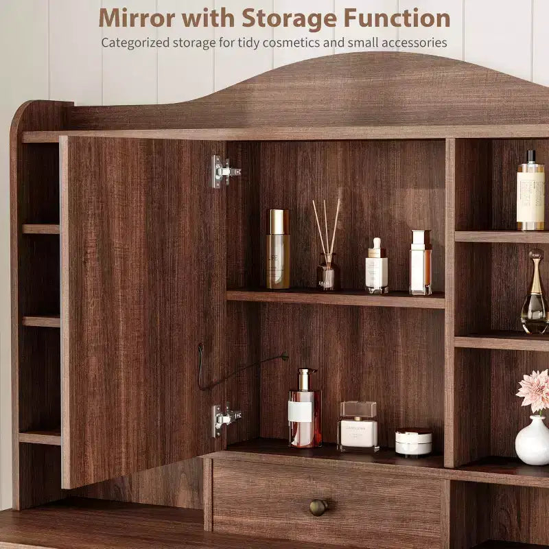 Coiffeuse Acekool avec miroir et lumières réglables, ensemble de table de maquillage avec chaise, 10 tiroirs, 10 étagères et prise de courant pour chambre à coucher