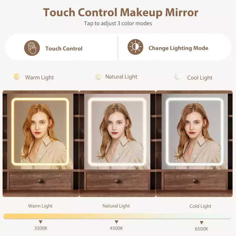Coiffeuse Acekool avec miroir et lumières réglables, ensemble de table de maquillage avec chaise, 10 tiroirs, 10 étagères et prise de courant pour chambre à coucher