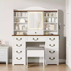 Coiffeuse Acekool avec miroir et lumières réglables, ensemble de table de maquillage avec chaise, 10 tiroirs, 10 étagères et prise de courant pour chambre à coucher