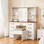 Coiffeuse Acekool avec miroir et lumières réglables, ensemble de table de maquillage avec chaise, 10 tiroirs, 10 étagères et prise de courant pour chambre à coucher