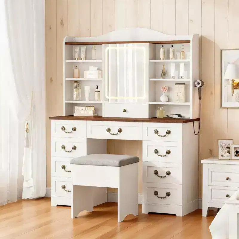 Coiffeuse Acekool avec miroir et lumières réglables, ensemble de table de maquillage avec chaise, 10 tiroirs, 10 étagères et prise de courant pour chambre à coucher