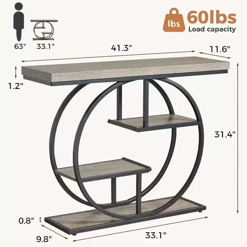 Table console industrielle Sailvan 41.3, table d'entrée à 4 niveaux avec base circulaire et plateau de 4,3 cm d'épaisseur, table console étroite avec rangement