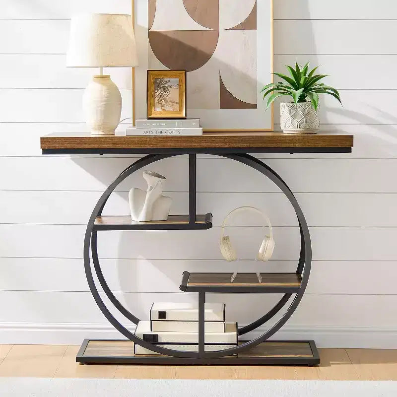 Table console industrielle Sailvan 41.3, table d'entrée à 4 niveaux avec base circulaire et plateau de 4,3 cm d'épaisseur, table console étroite avec rangement