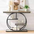 Table console industrielle Sailvan 41.3, table d'entrée à 4 niveaux avec base circulaire et plateau de 4,3 cm d'épaisseur, table console étroite avec rangement