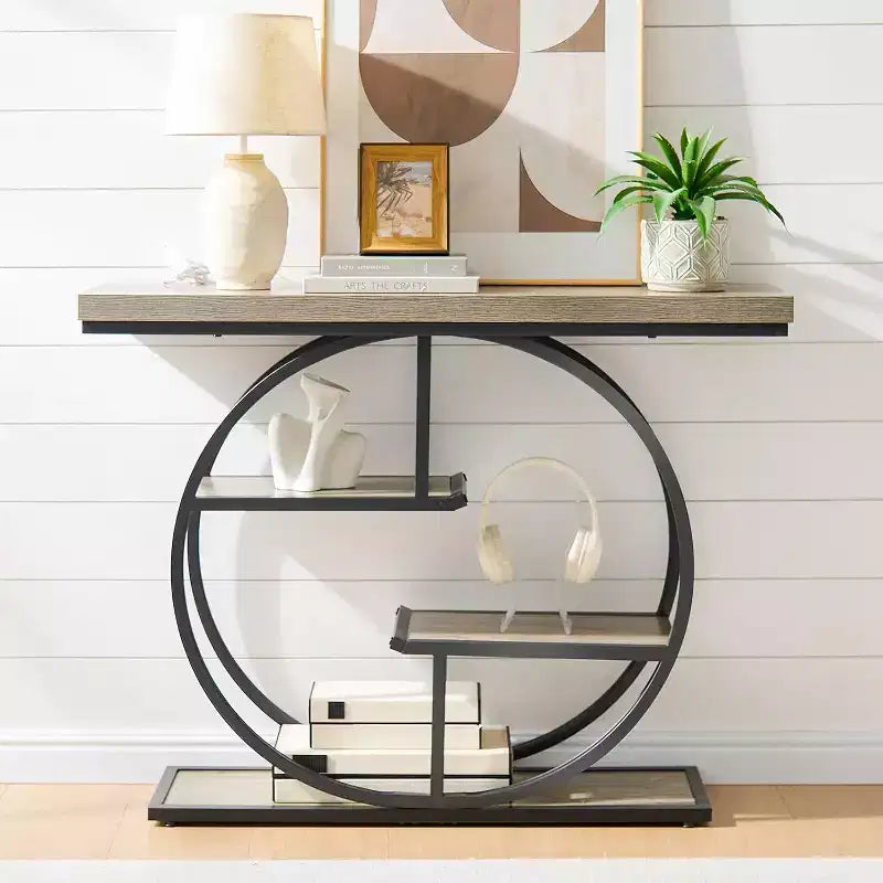 Table console industrielle Sailvan 41.3, table d'entrée à 4 niveaux avec base circulaire et plateau de 4,3 cm d'épaisseur, table console étroite avec rangement