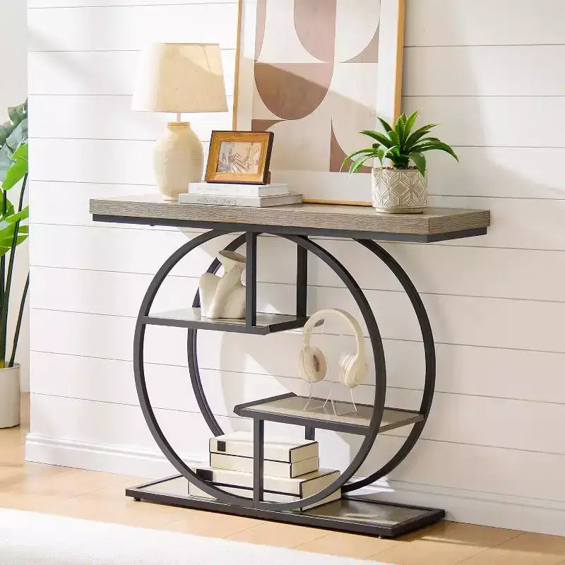 Table console industrielle Sailvan 41.3, table d'entrée à 4 niveaux avec base circulaire et plateau de 4,3 cm d'épaisseur, table console étroite avec rangement