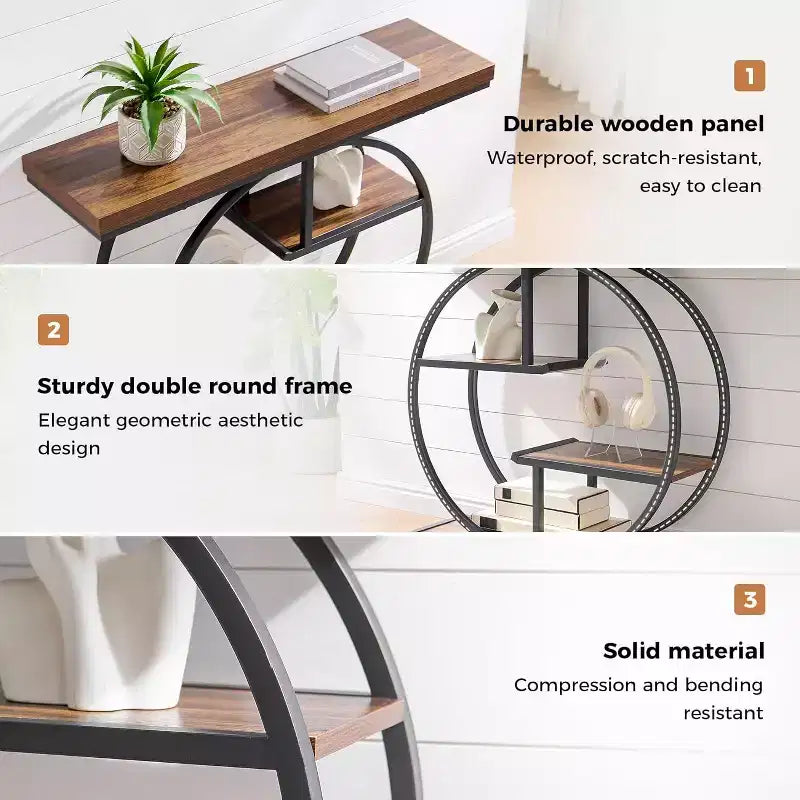 Table console industrielle Sailvan 41.3, table d'entrée à 4 niveaux avec base circulaire et plateau de 4,3 cm d'épaisseur, table console étroite avec rangement