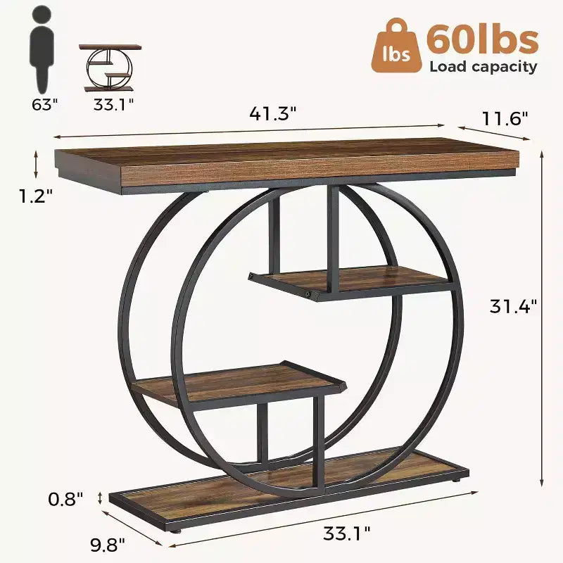 Table console industrielle Sailvan 41.3, table d'entrée à 4 niveaux avec base circulaire et plateau de 4,3 cm d'épaisseur, table console étroite avec rangement