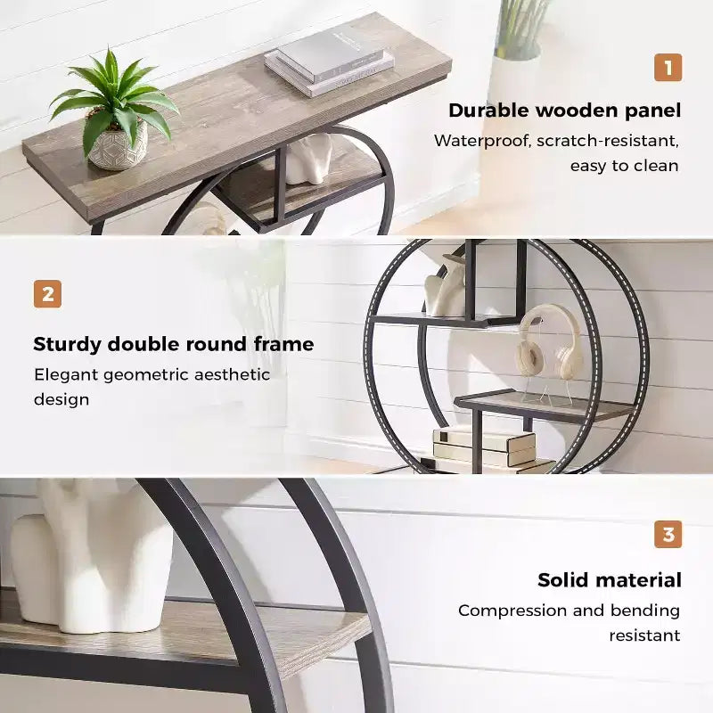 Table console industrielle Sailvan 41.3, table d'entrée à 4 niveaux avec base circulaire et plateau de 4,3 cm d'épaisseur, table console étroite avec rangement