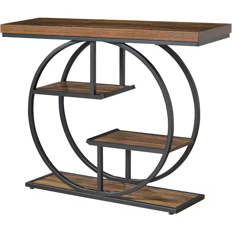 Sailvan 41.3 Industrial Sofa Table, 4-Tier Entryway Table with Circle Base & 1.7 Thick Top, Narrow Console Table with Storage