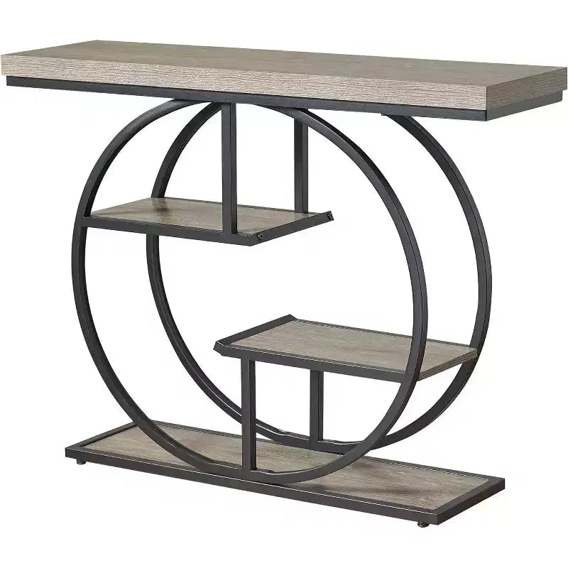 Table console industrielle Sailvan 41.3, table d'entrée à 4 niveaux avec base circulaire et plateau de 4,3 cm d'épaisseur, table console étroite avec rangement