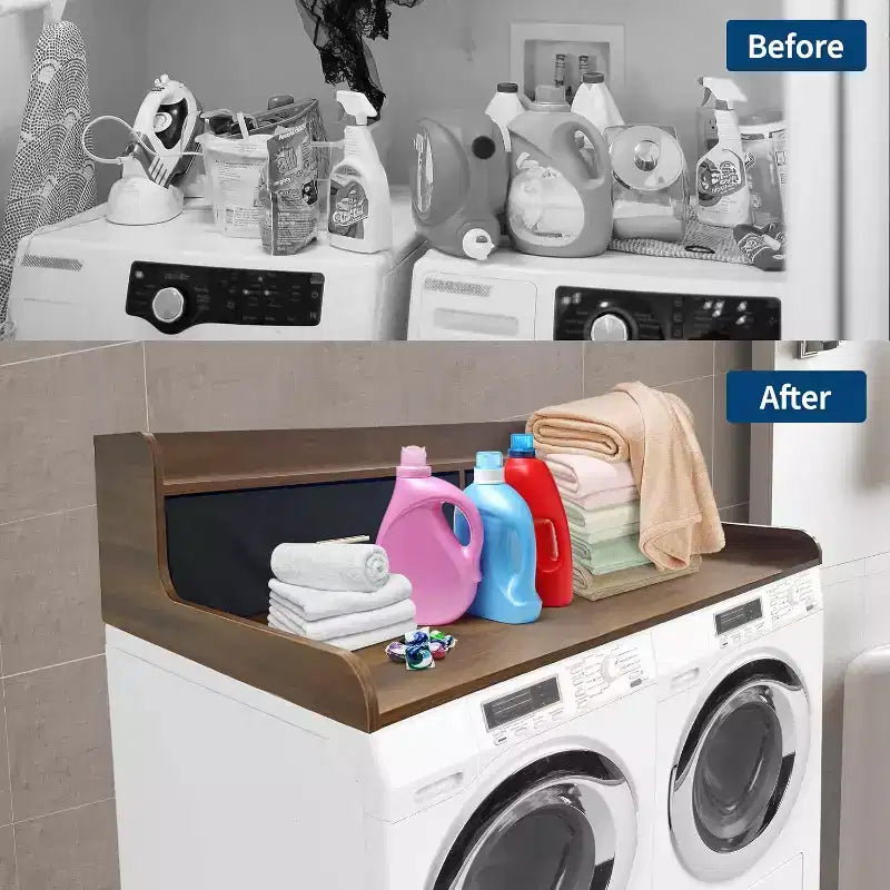 Acekool Laveuse-sécheuse de comptoir, Meuble de Rangement à 2 Niveaux pour Lave-linge Sèche-linge avec Rebords et Tiroirs, Étagère de Rangement pour Buanderie et Pliage