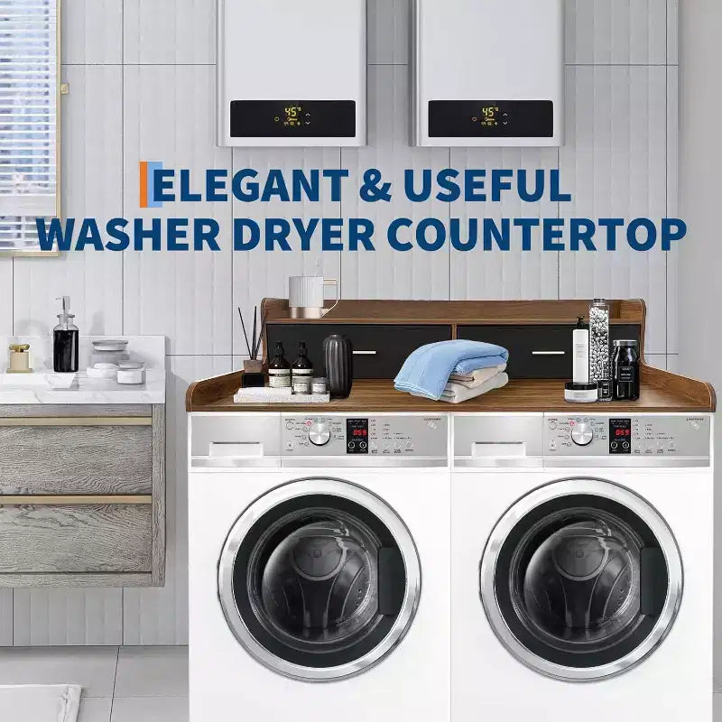 Acekool Laveuse-sécheuse de comptoir, Meuble de Rangement à 2 Niveaux pour Lave-linge Sèche-linge avec Rebords et Tiroirs, Étagère de Rangement pour Buanderie et Pliage