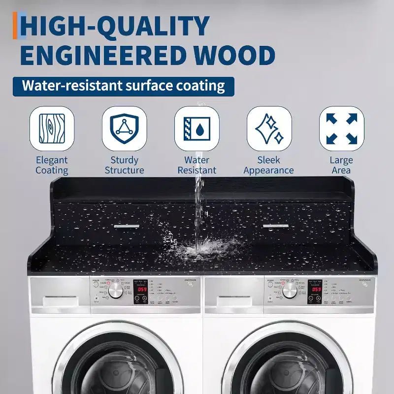 Acekool Laveuse-sécheuse de comptoir, Meuble de Rangement à 2 Niveaux pour Lave-linge Sèche-linge avec Rebords et Tiroirs, Étagère de Rangement pour Buanderie et Pliage